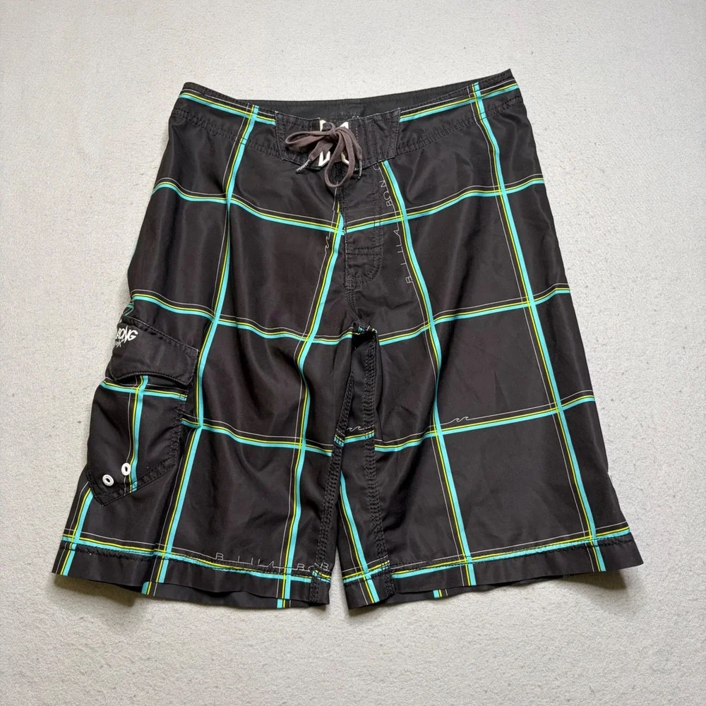 Billabong Board Shorts Mens 31 Black Platinum X Plaid Y2K Swim Trunks EG60
